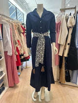 Sistership navy, white & gold button down dress