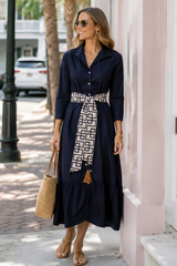 Sistership navy, white & gold button down dress